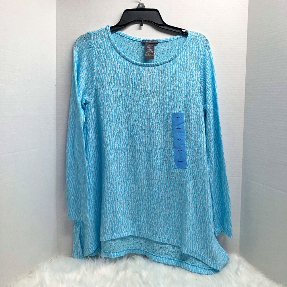 New Chelsea and Theodore Womens Sz L Blue Lightweight Sweater Tunic Textured Top - Picture 1 of 4